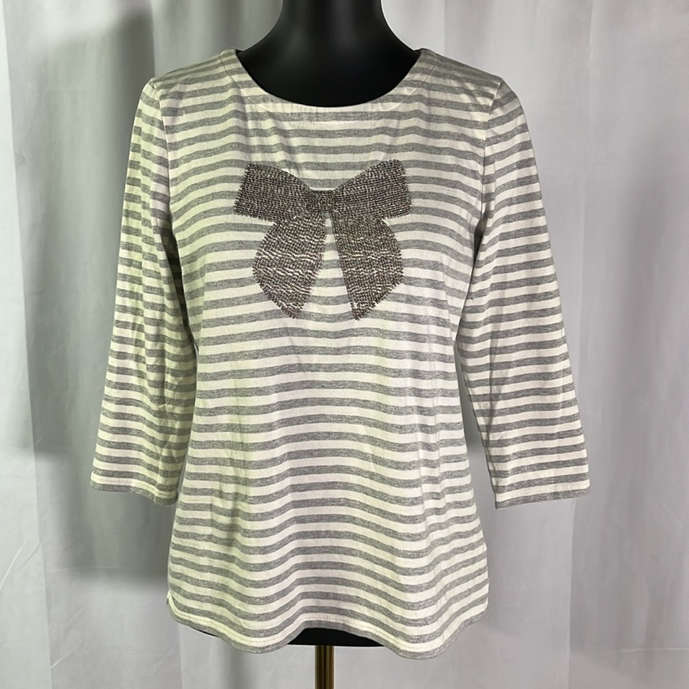 Talbots Gray Striped Beaded Bow Accent 3/4 Sleeve Cotton Shirt